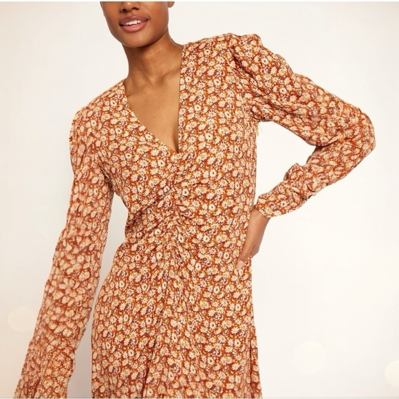 Joie Haruko Ruched V-Neckline Lightweight Floral Print Relaxed Fit Midi Dress - Picture 4 of 8